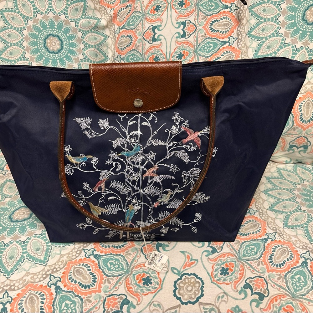 LONGCHAMP Le Pliage tote bag with embroidered birds Nylon / leather Navy